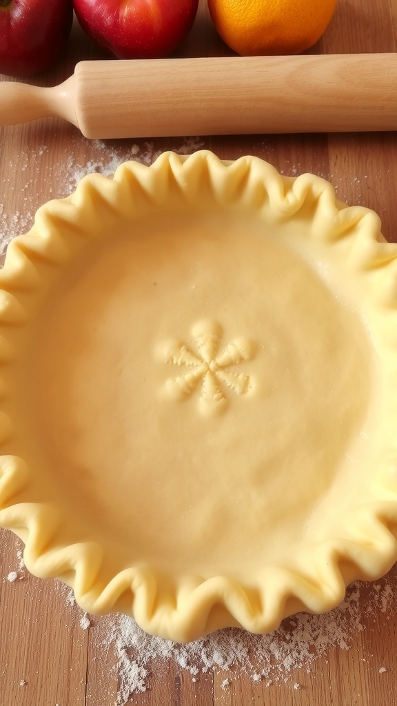 Perfect Pie Crust Recipe Golden brown pie crust on a wooden table, with fresh fruits and a rolling pin in the background.